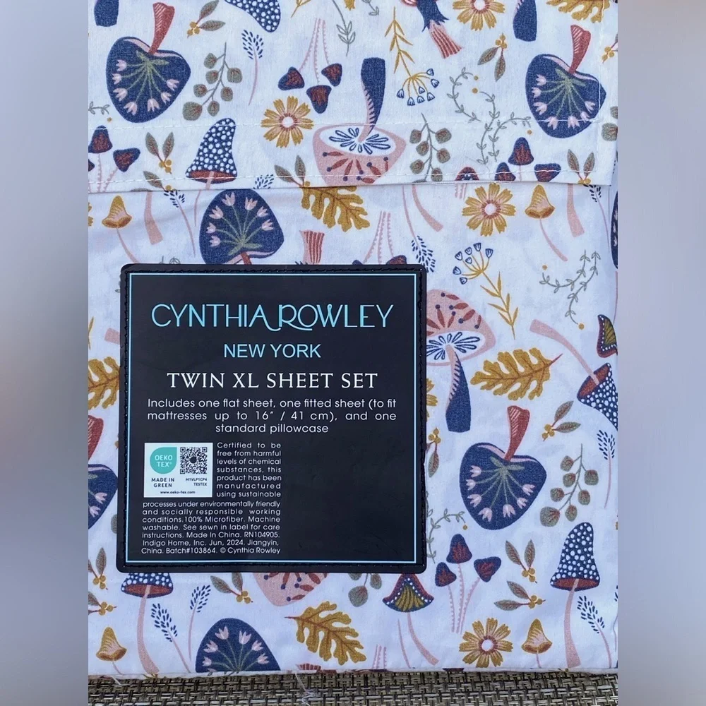 Cynthia Rowley Mushrooms Flowers Cottage Microfiber TWIN XL Sheet Set 3pc